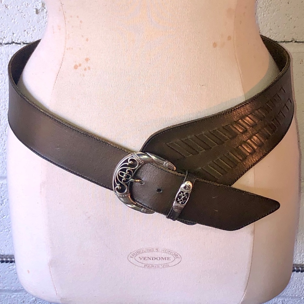Tan woven leather & silver belt M